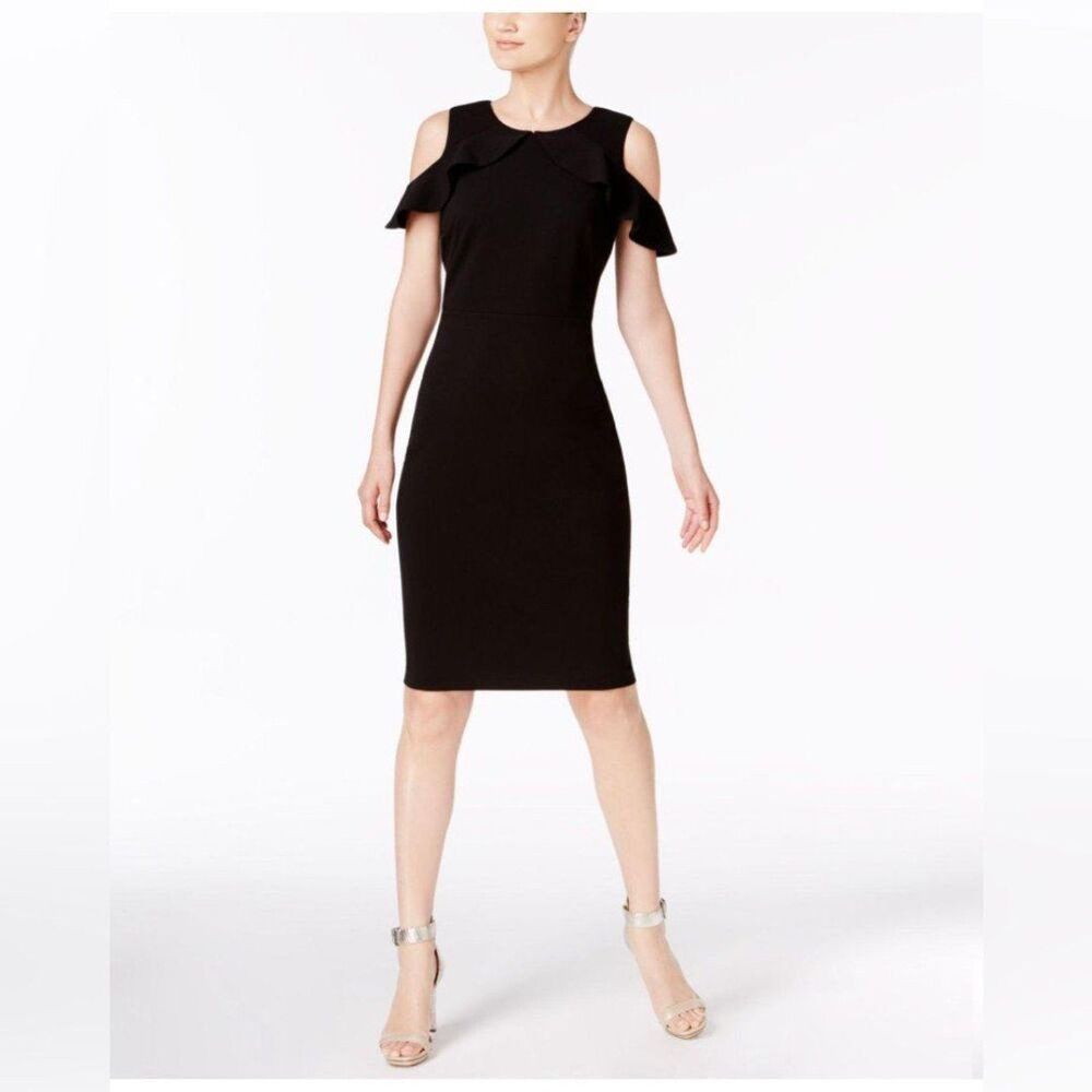 Calvin Klein Ruffle Cold Shoulder Black Sheath Knee Length Dress Size 10